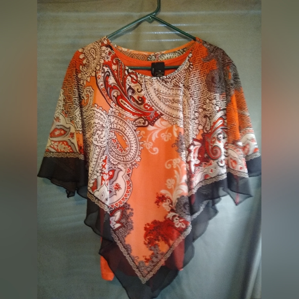 New Direction Silky Flowy Orange Overlay Angel Wing Style Gemmed Top
